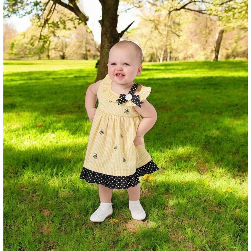 spring BEE dress toddler girls gingham 18 1 year mo embroidered polka dot
